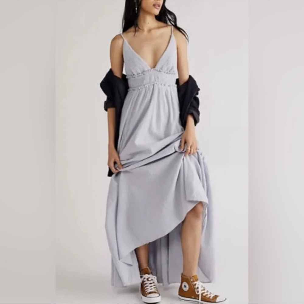 Free People Heat Haze Maxi Dress Triangle Top Smocked Long Cotton Linen Blue L - Picture 7 of 17